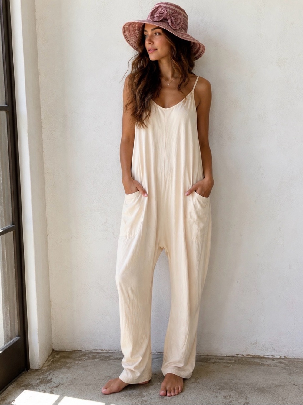 Light Yellow Sleeveless Jumpsuit with Pockets SZ Small Oversized Baggy Fit